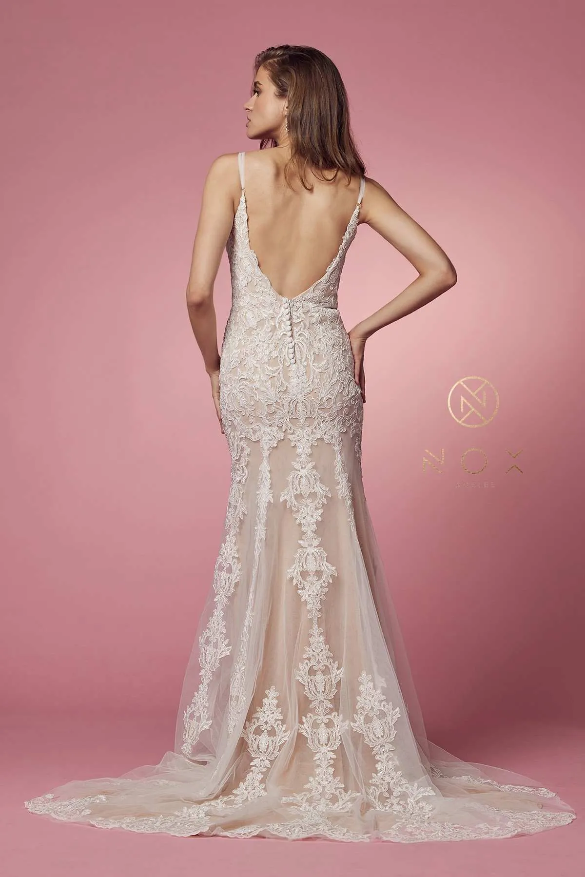 Nox Anabel H494 Spaghetti Strap V-Neckline Long Lace Wedding Gown