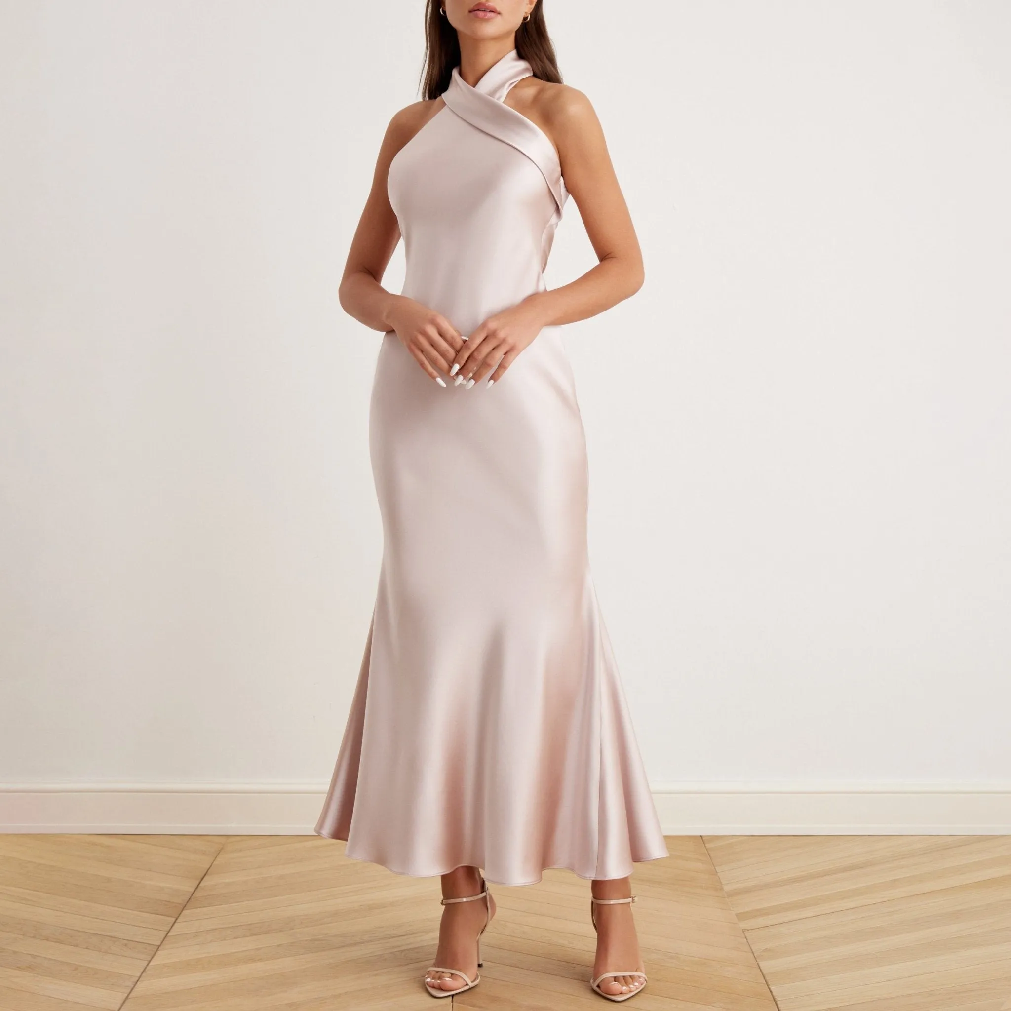 Nude Criss Cross Halter Satin Maxi Dress Light Taupe