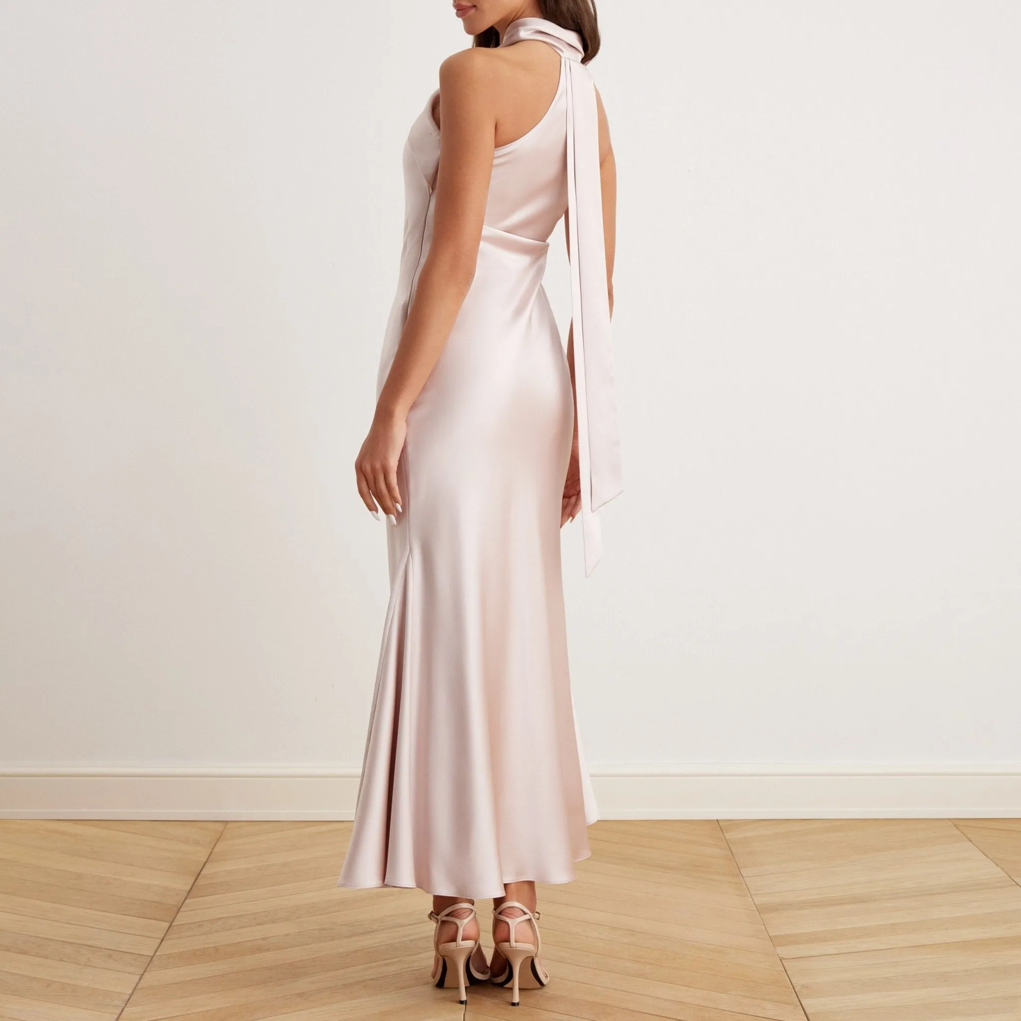 Nude Criss Cross Halter Satin Maxi Dress Light Taupe
