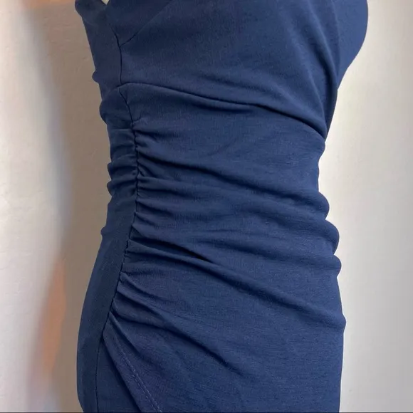 NWOT LULU’S Navy Blue Asymmetric Hem Sheath Midi Dress. Size Small