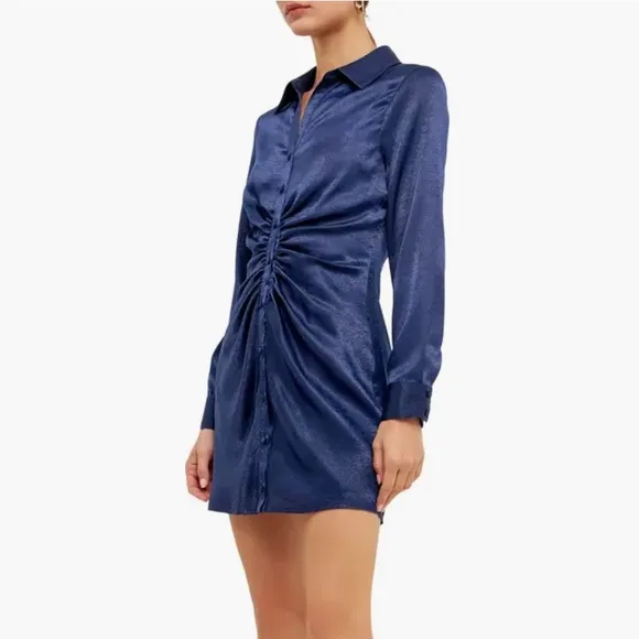 NWT Anthropologie Endless Rose Ruched Bodycon Satin Shirtdress long sleeve Large