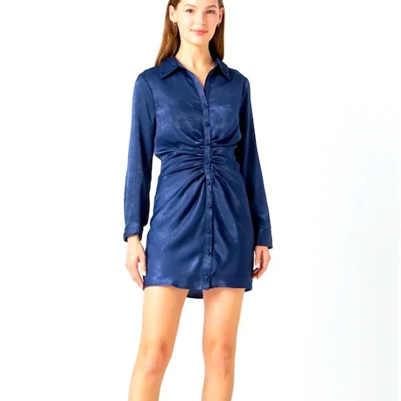 NWT Anthropologie Endless Rose Ruched Bodycon Satin Shirtdress long sleeve Large