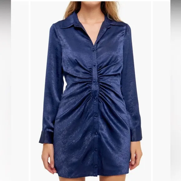 NWT Anthropologie Endless Rose Ruched Bodycon Satin Shirtdress long sleeve Large