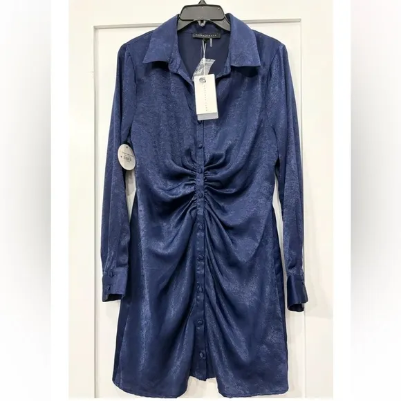 NWT Anthropologie Endless Rose Ruched Bodycon Satin Shirtdress long sleeve Large