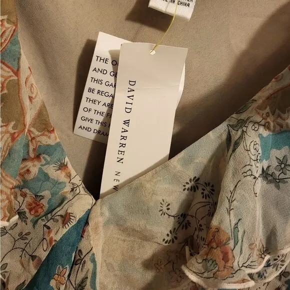 NWT David Warren Chiffon Dress Womens Teal &amp; Cream Floral Lined Ruffle V-Neck