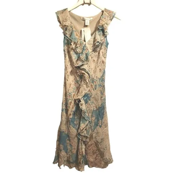 NWT David Warren Chiffon Dress Womens Teal &amp; Cream Floral Lined Ruffle V-Neck