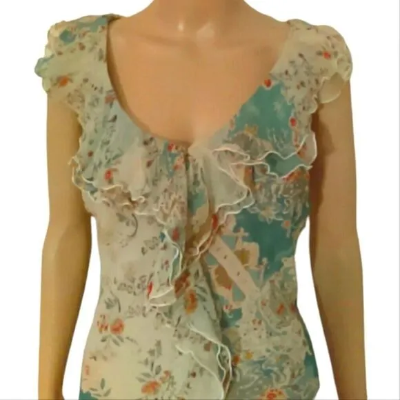 NWT David Warren Chiffon Dress Womens Teal &amp; Cream Floral Lined Ruffle V-Neck