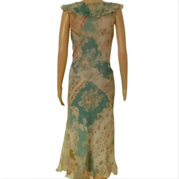 NWT David Warren Chiffon Dress Womens Teal &amp; Cream Floral Lined Ruffle V-Neck