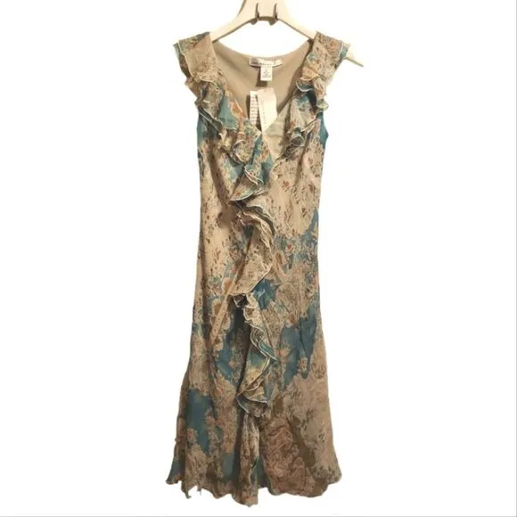 NWT David Warren Chiffon Dress Womens Teal &amp; Cream Floral Lined Ruffle V-Neck