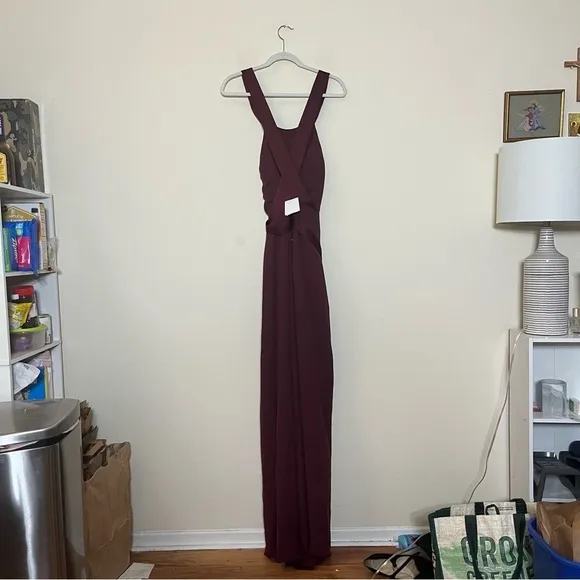 NWT White by Vera Wang Pleated Cross Back Halter Maxi Dress Wine