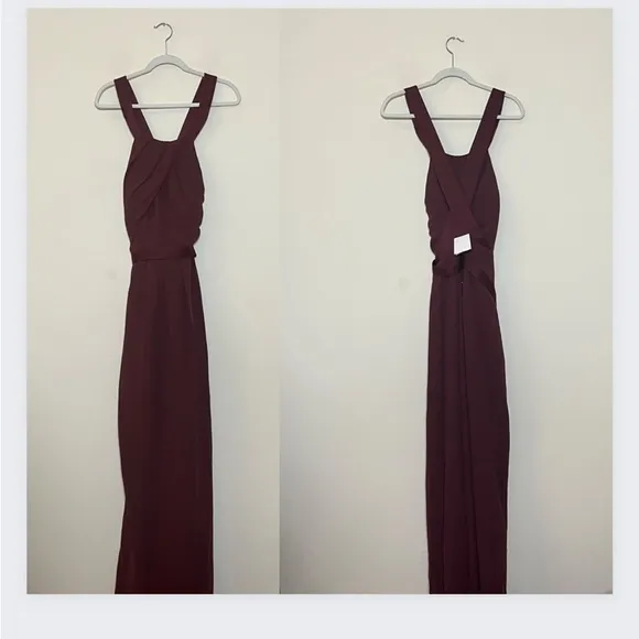 NWT White by Vera Wang Pleated Cross Back Halter Maxi Dress Wine