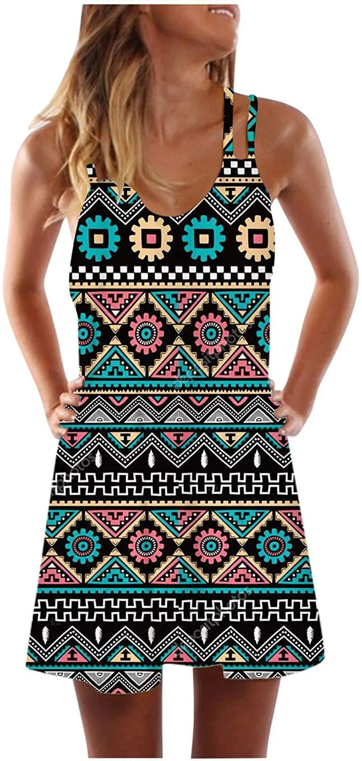 NXY Winsummer Women Dresses Summer Mini Sleeveless Flower Print Plus Size Boho Dress Short Tank Dress A-Line Beach Sundress