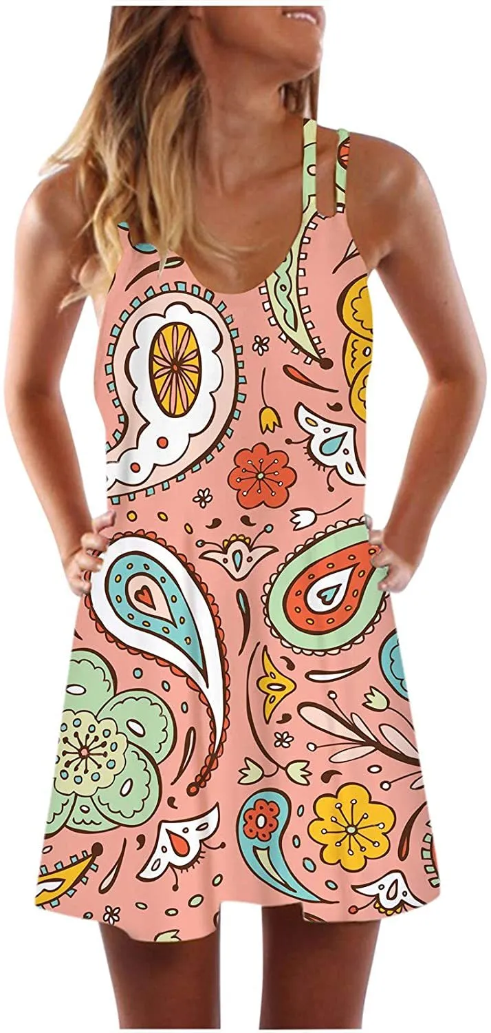 NXY Winsummer Women Dresses Summer Mini Sleeveless Flower Print Plus Size Boho Dress Short Tank Dress A-Line Beach Sundress