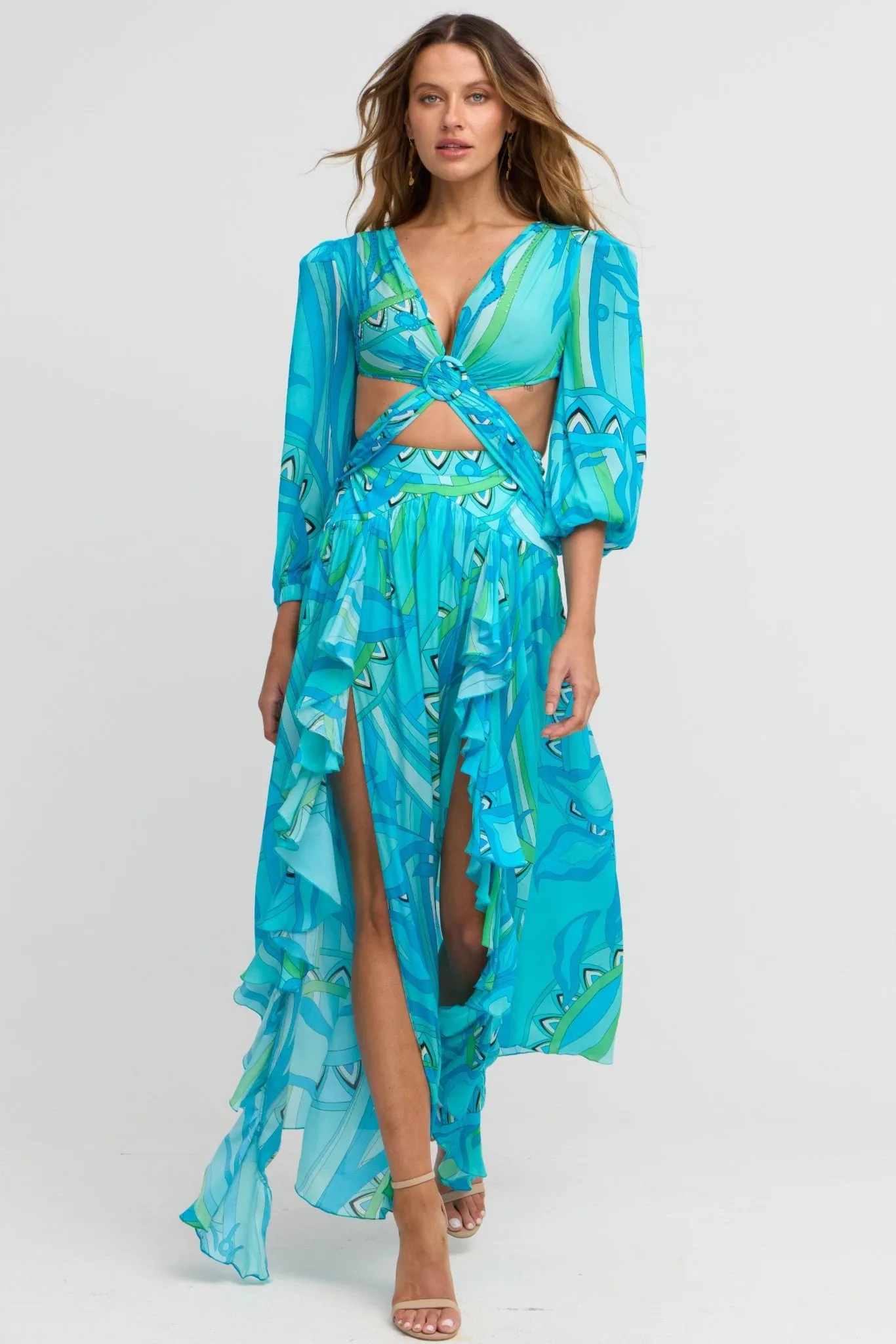 Oceanic Blues Open Back Maxi Dress
