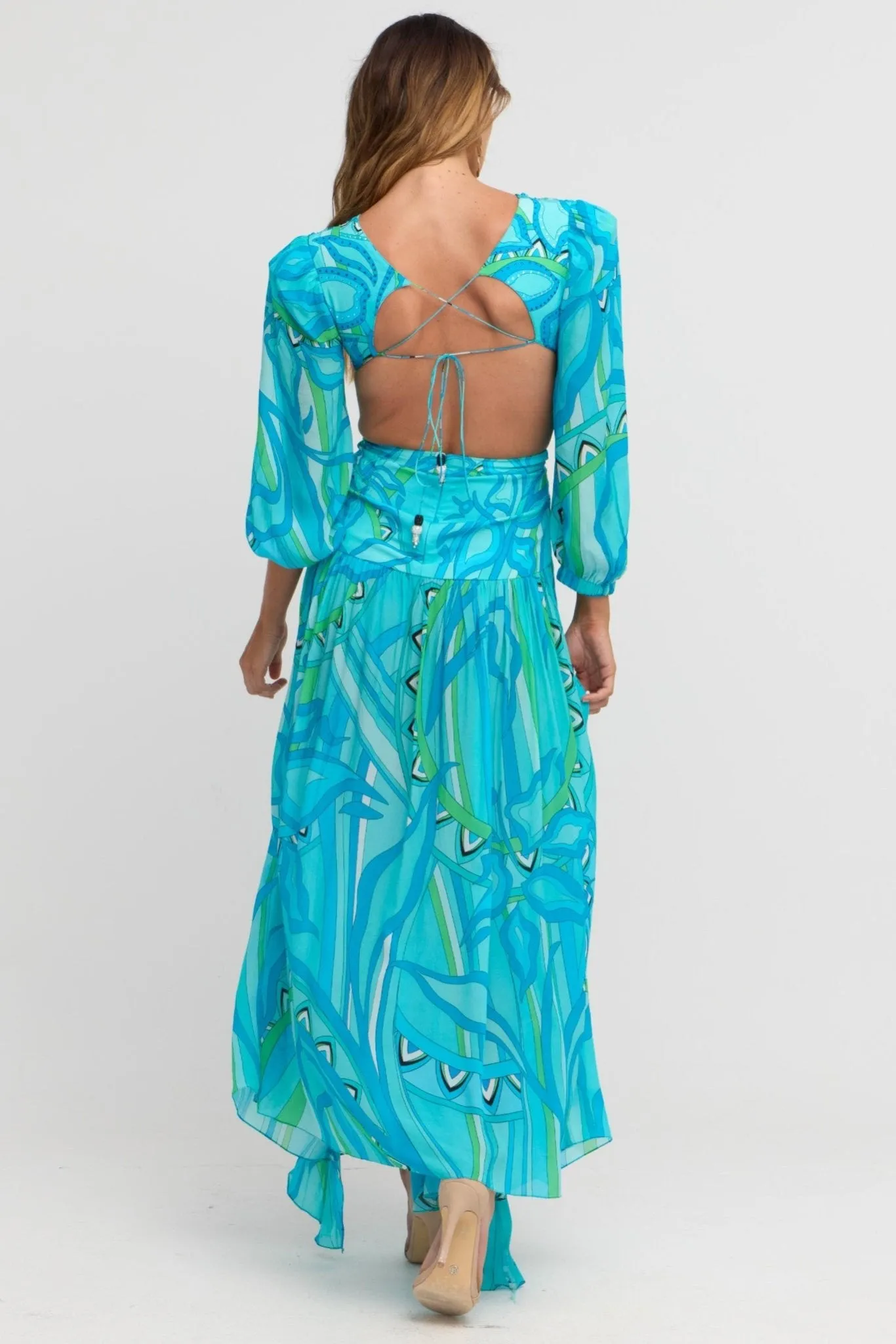Oceanic Blues Open Back Maxi Dress