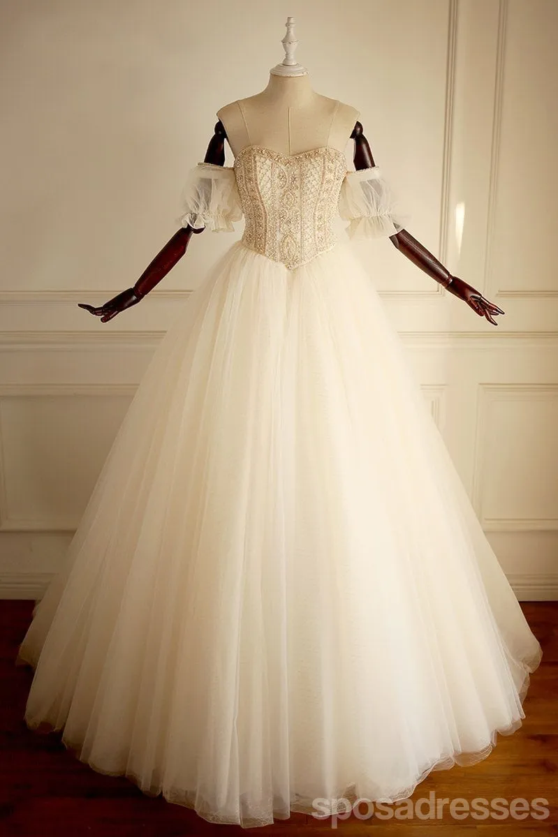 Off Shoulder Beaded A-line Lace Long Custom Cheap Wedding Bridal Dresses, WD302