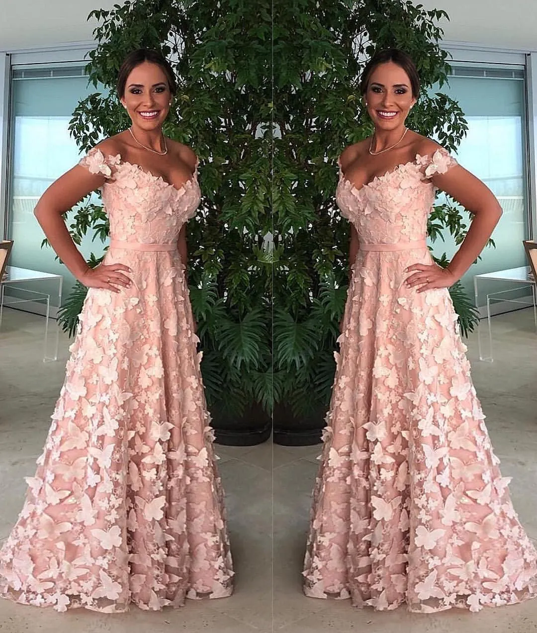 Off Shoulder Blush Pink 3D Butterfly Applique A-line Prom Dresses .PD00247