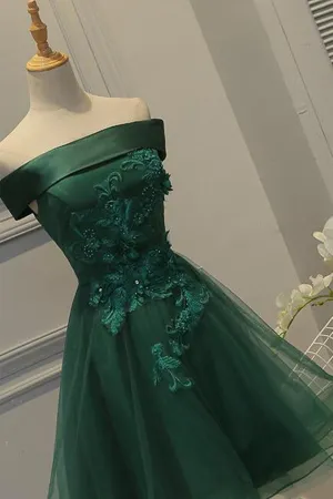 Off Shoulder Green Lace Floral Prom Dress, Short Green Lace Homecoming Dress, Green Formal Evening Dress A1664