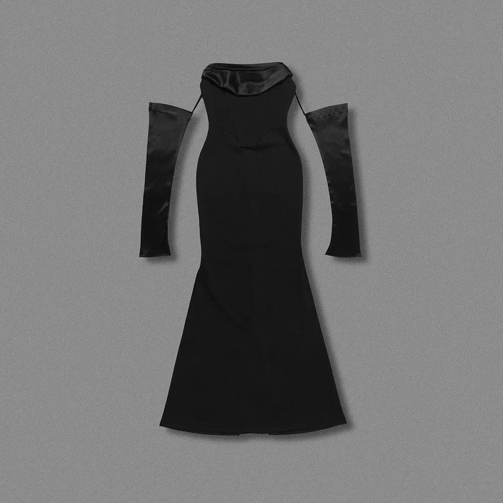 Off-shoulder long-sleeved black dress