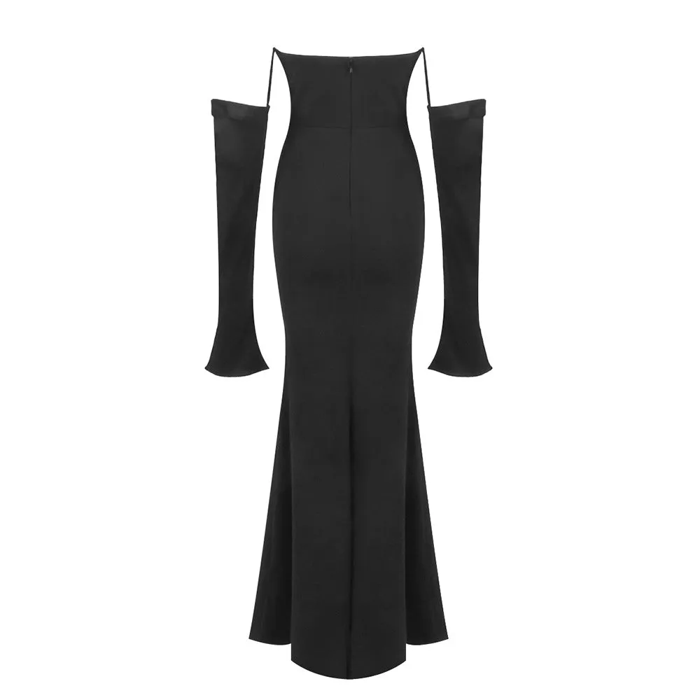 Off-shoulder long-sleeved black dress