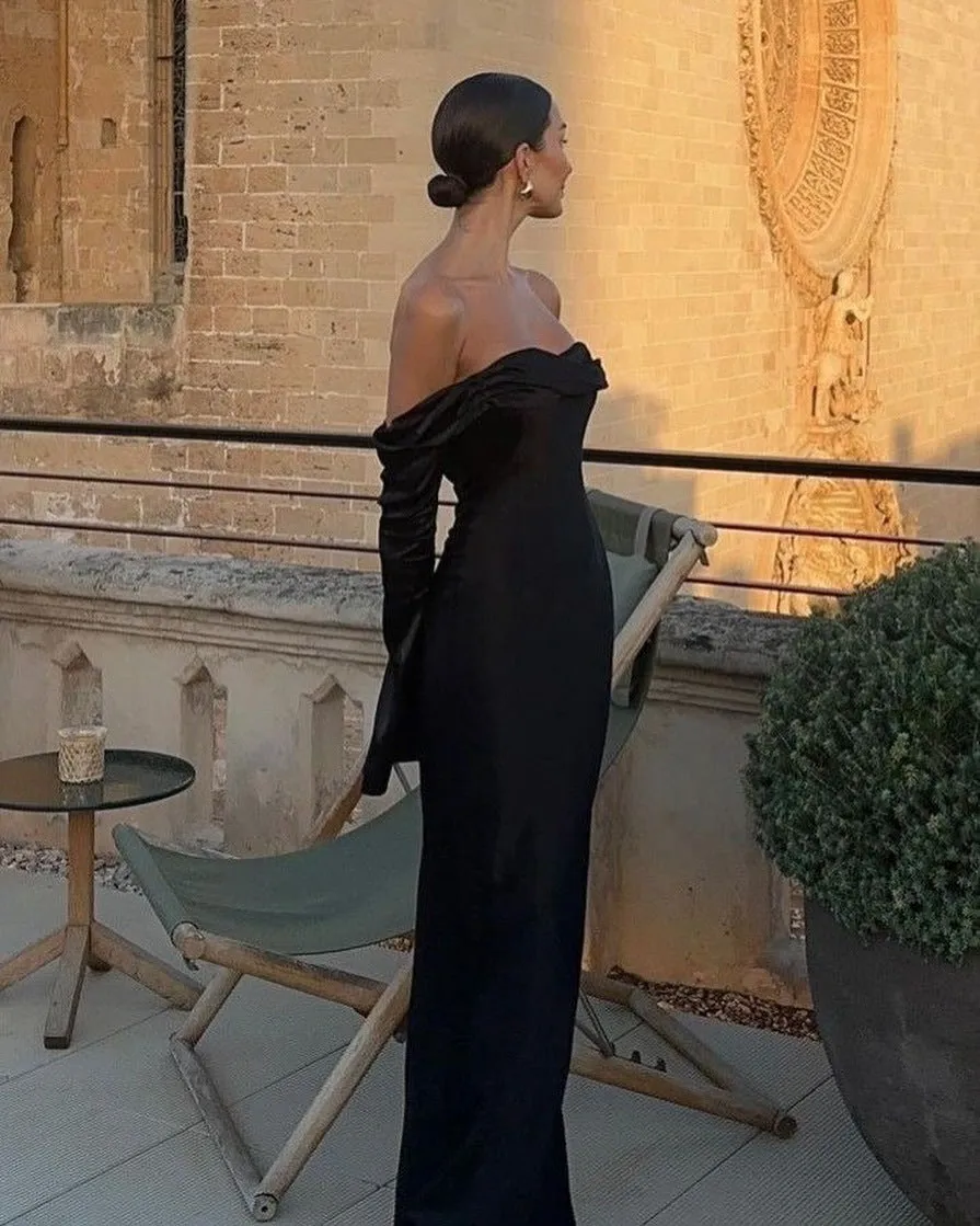Off-shoulder long-sleeved black dress