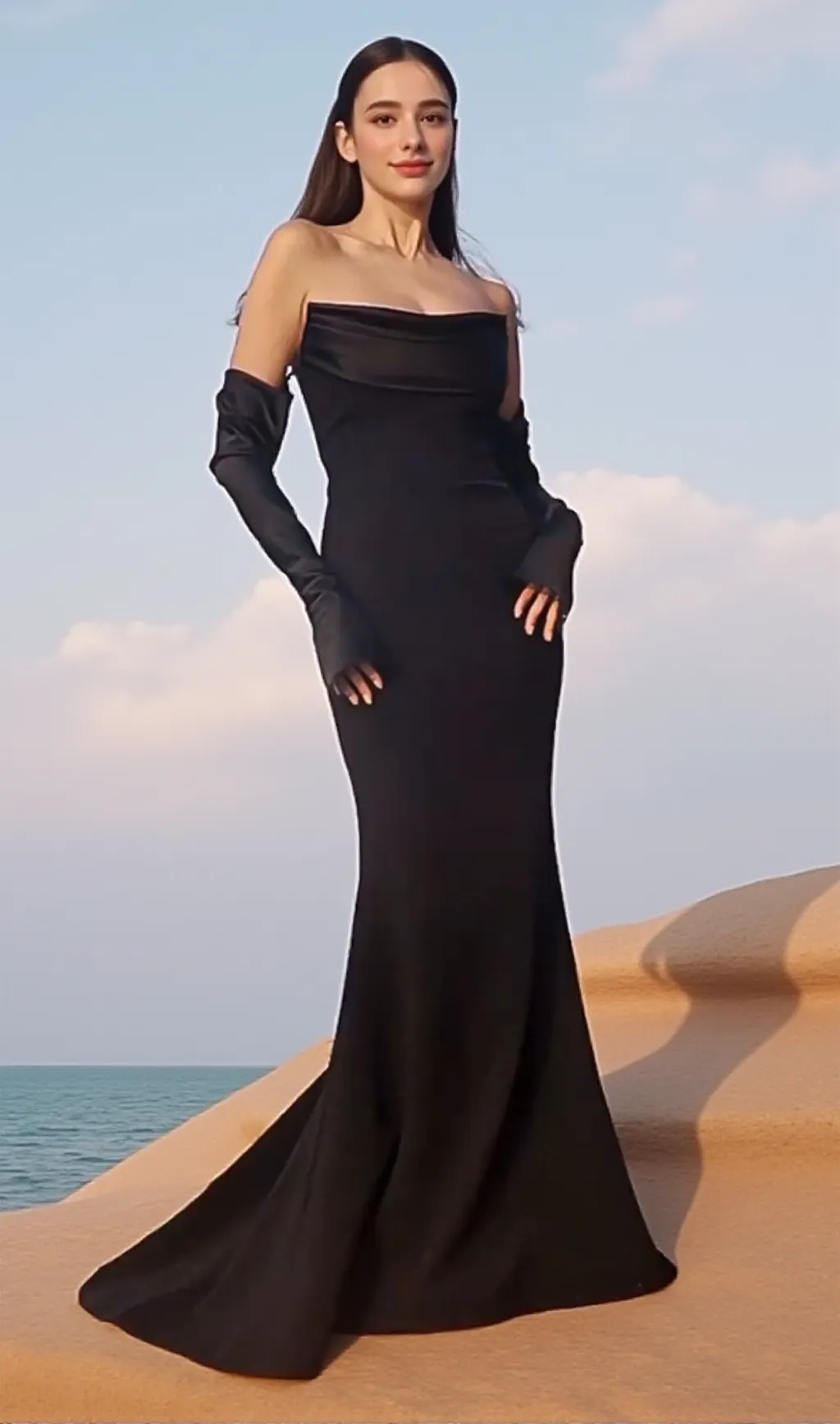 Off-shoulder long-sleeved black dress