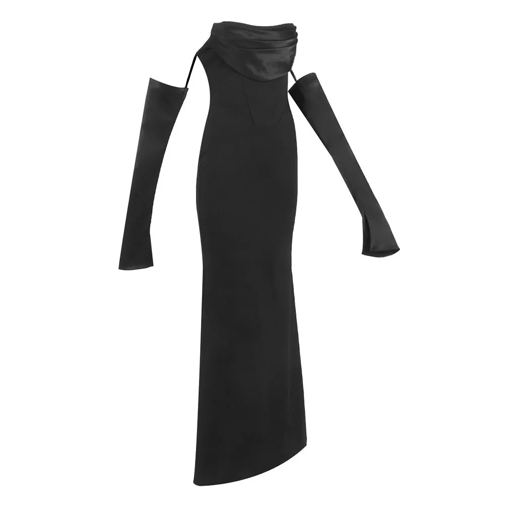 Off-shoulder long-sleeved black dress