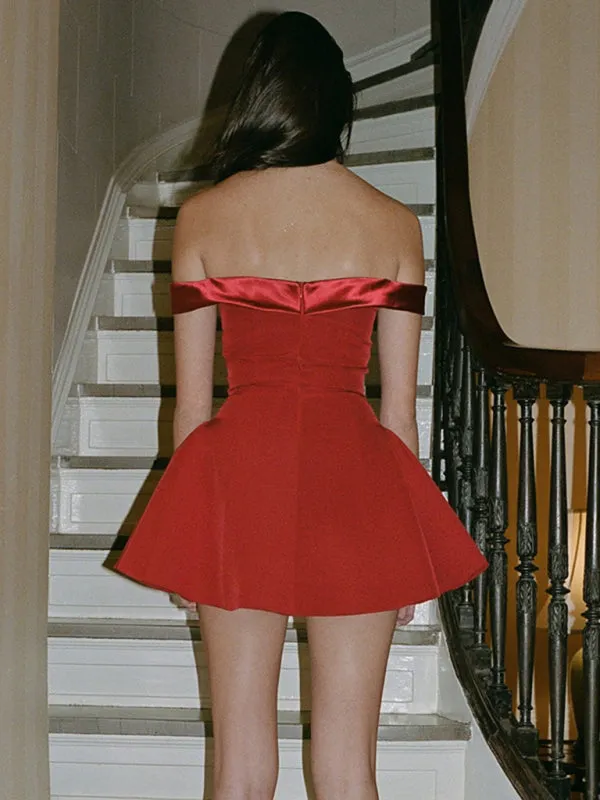 Off-Shoulder Mini Dress with Flared Skirt and Zipper Closure