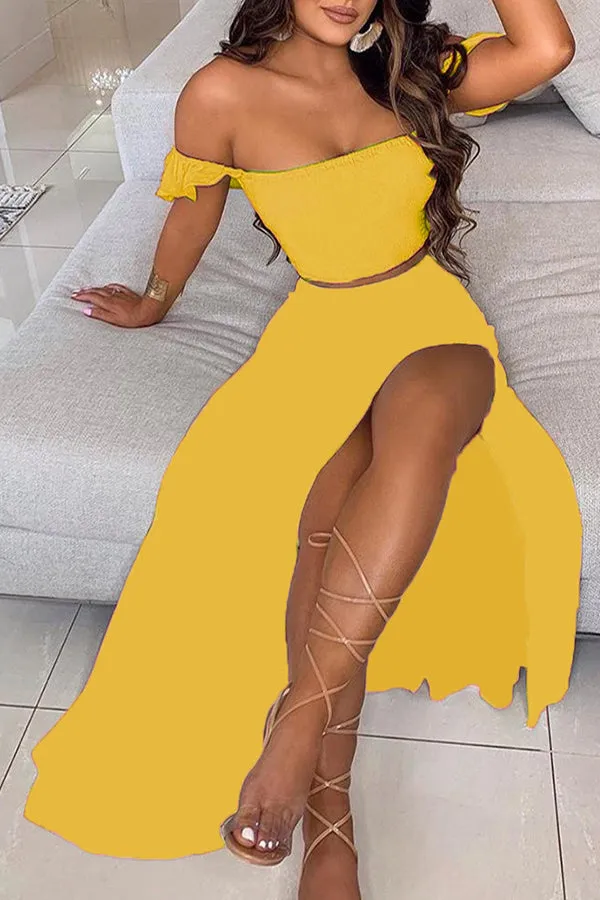 Off Shoulder Ombre Colorblock Top & High Slit Maxi Skirt Sets