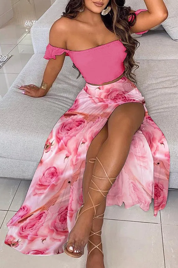 Off Shoulder Ombre Colorblock Top & High Slit Maxi Skirt Sets