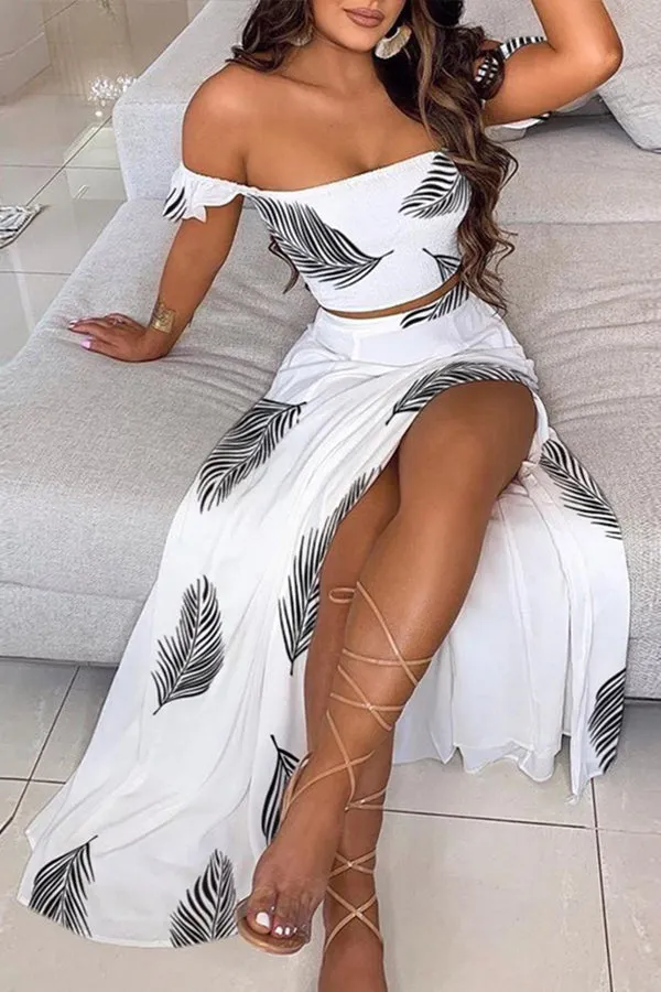 Off Shoulder Ombre Colorblock Top & High Slit Maxi Skirt Sets