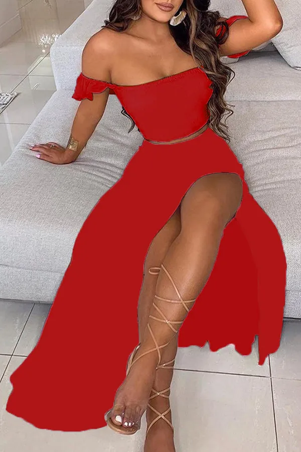 Off Shoulder Ombre Colorblock Top & High Slit Maxi Skirt Sets