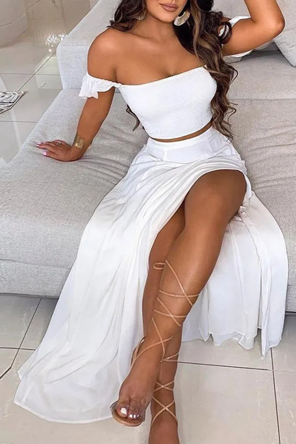 Off Shoulder Ombre Colorblock Top & High Slit Maxi Skirt Sets