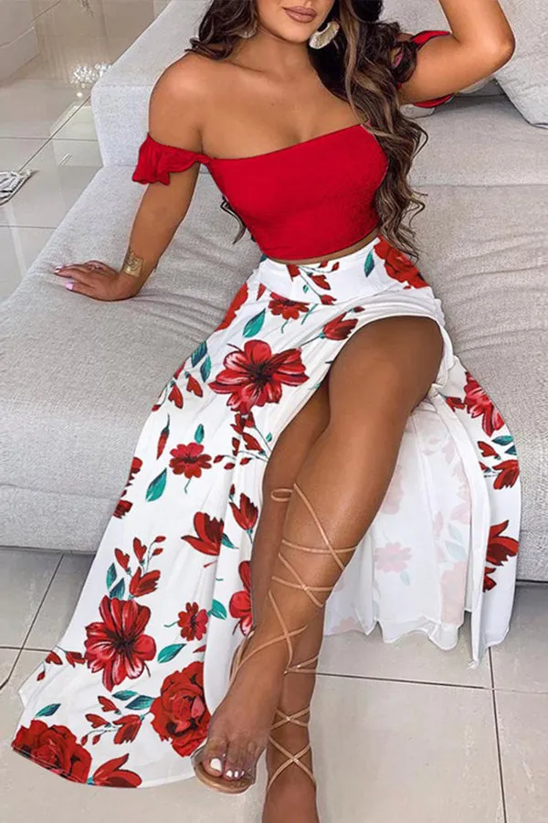 Off Shoulder Ombre Colorblock Top & High Slit Maxi Skirt Sets