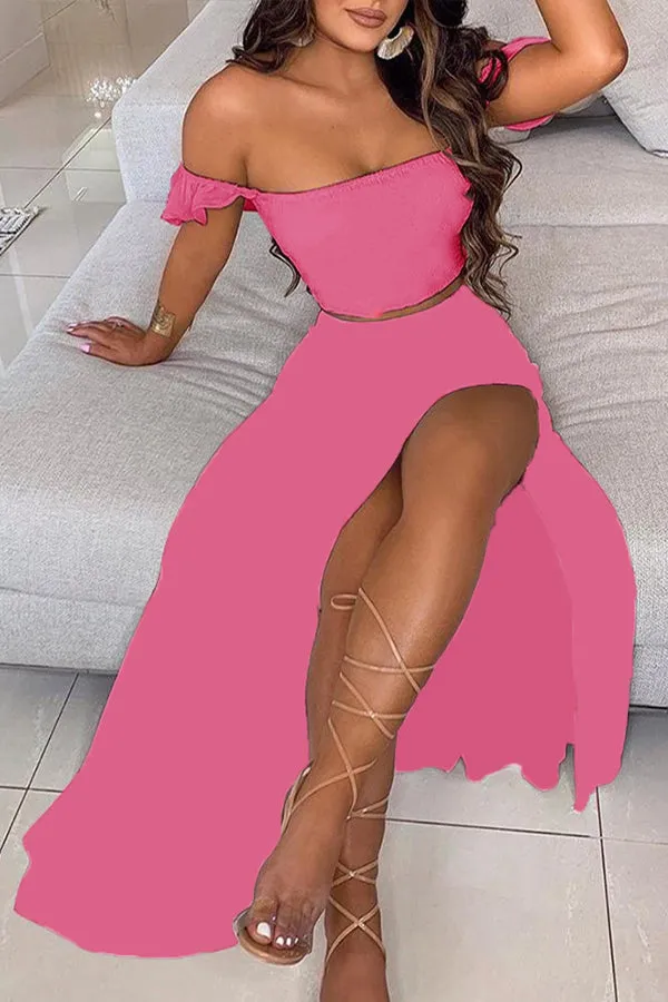 Off Shoulder Ombre Colorblock Top & High Slit Maxi Skirt Sets