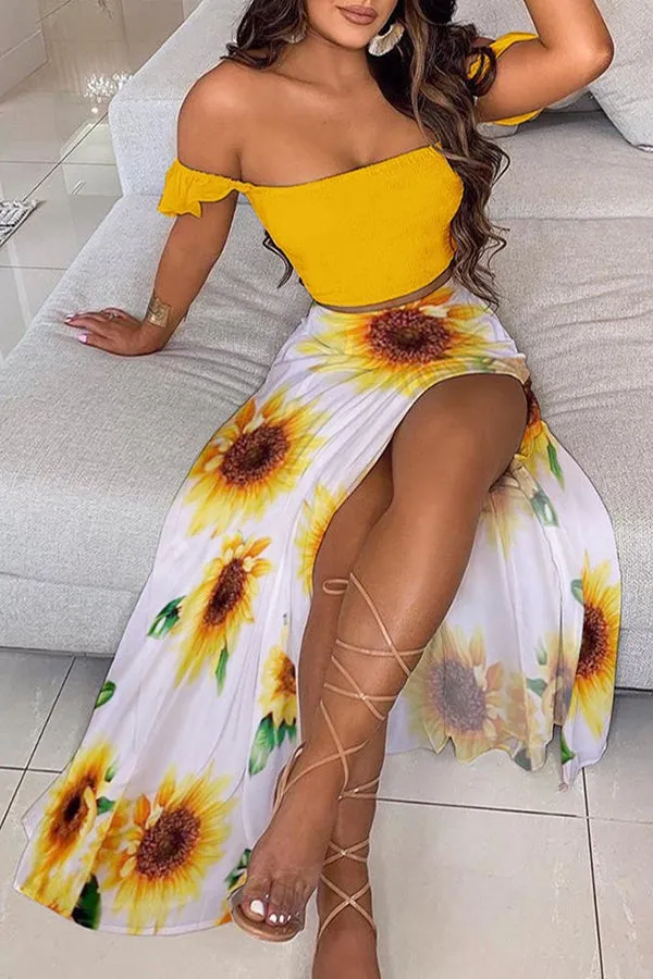 Off Shoulder Ombre Colorblock Top & High Slit Maxi Skirt Sets