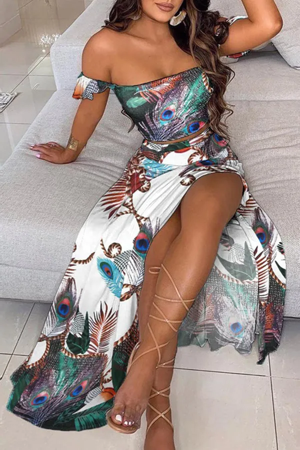 Off Shoulder Ombre Colorblock Top & High Slit Maxi Skirt Sets