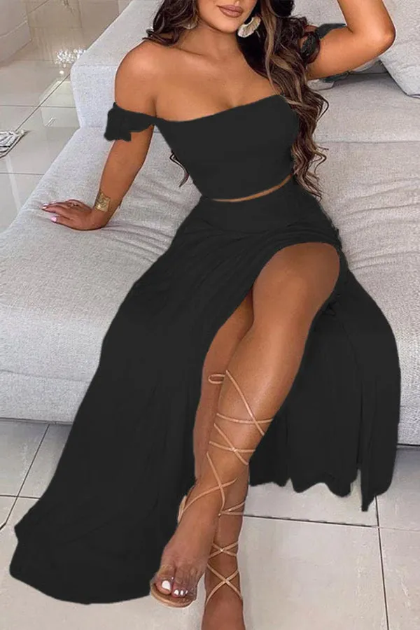 Off Shoulder Ombre Colorblock Top & High Slit Maxi Skirt Sets