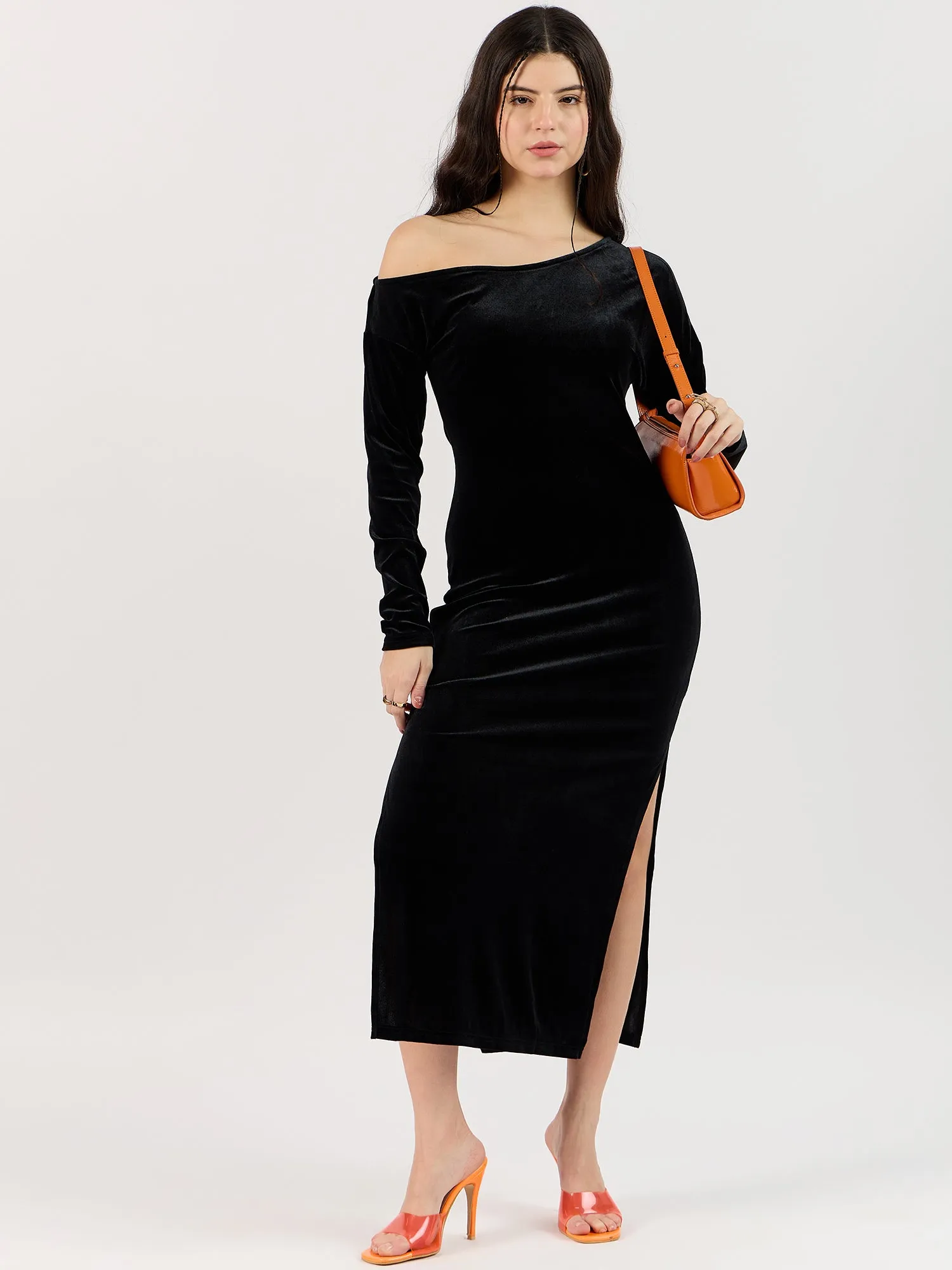 Off-Shoulder Slit Black Dress