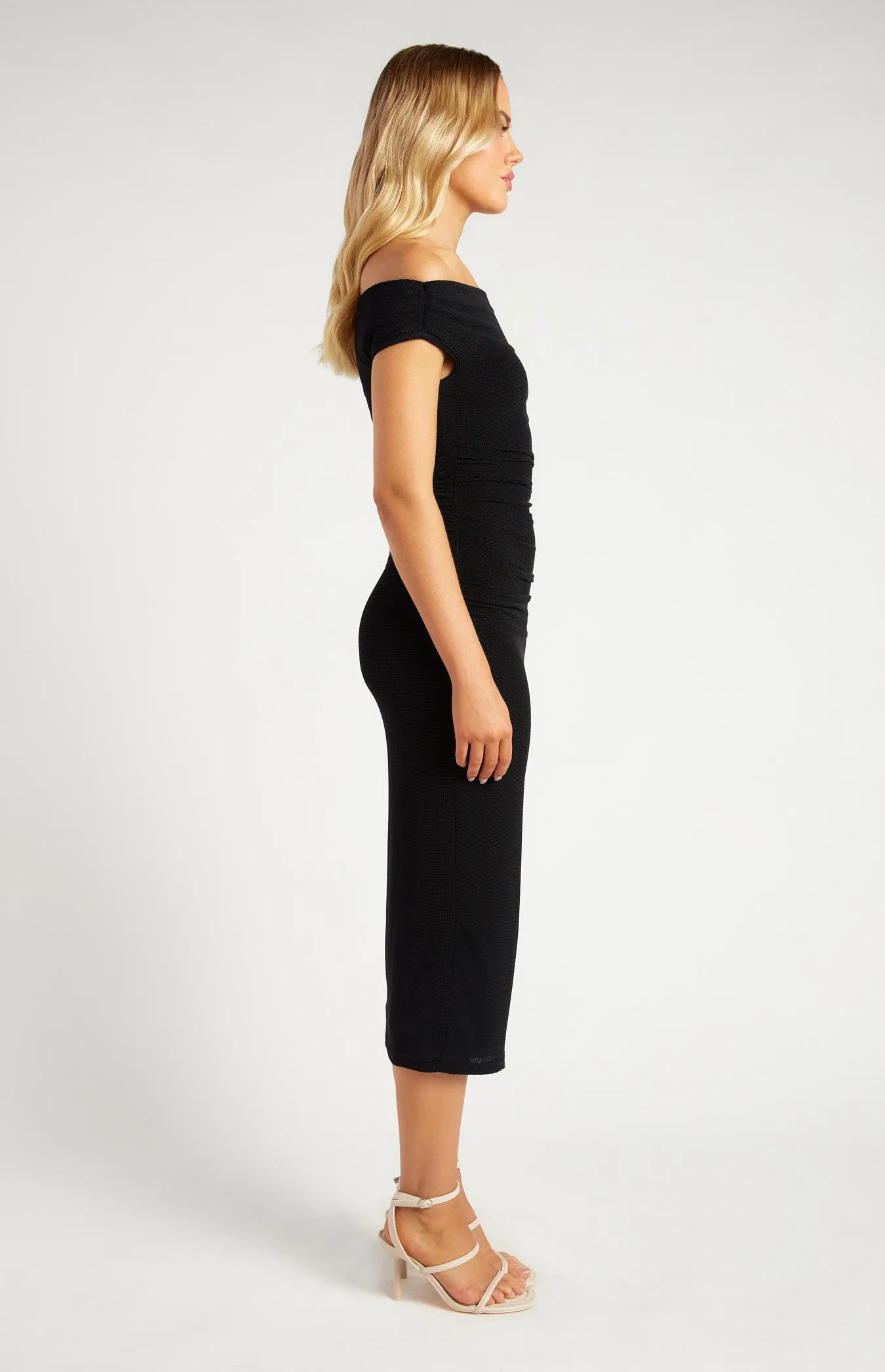 Off Shoulder Textured Mesh Midi Dress