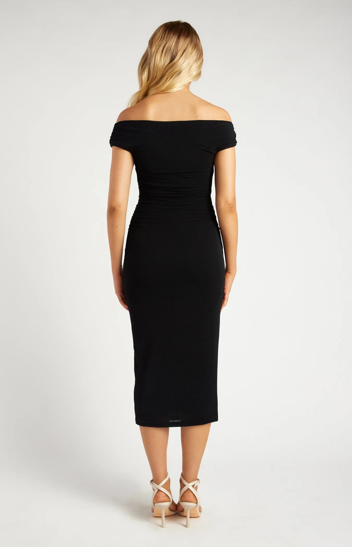 Off Shoulder Textured Mesh Midi Dress