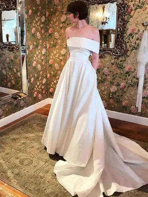 Off Shoulder White Satin Long Prom with Train, Off Shoulder White Wedding, White Formal, Evening