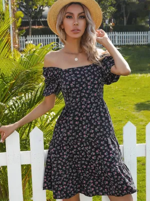 Off-the-Shoulder Floral Print Dress with Puff Sleeves