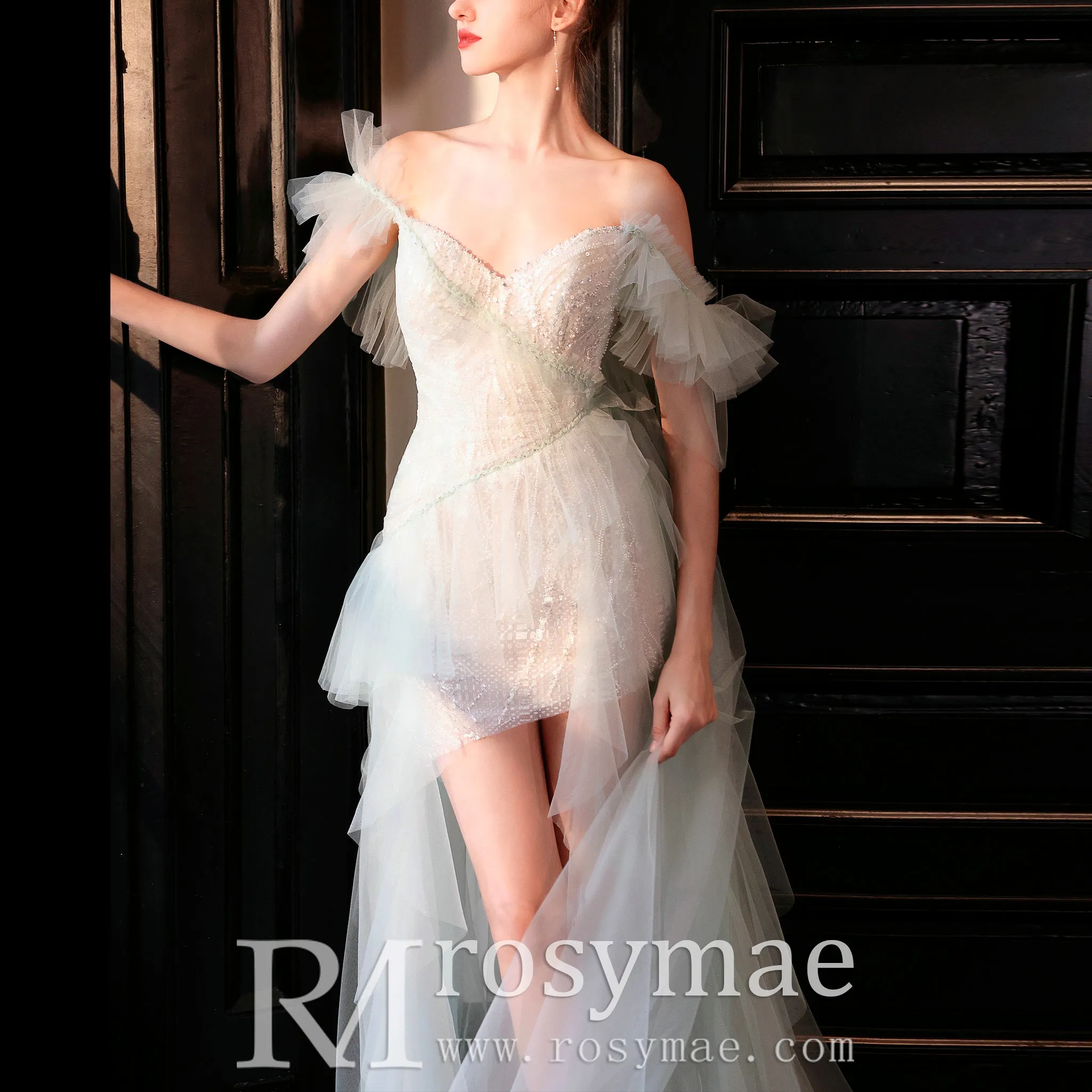 Off-The-Shoulder Mini Wedding Dress Above Knee with Train