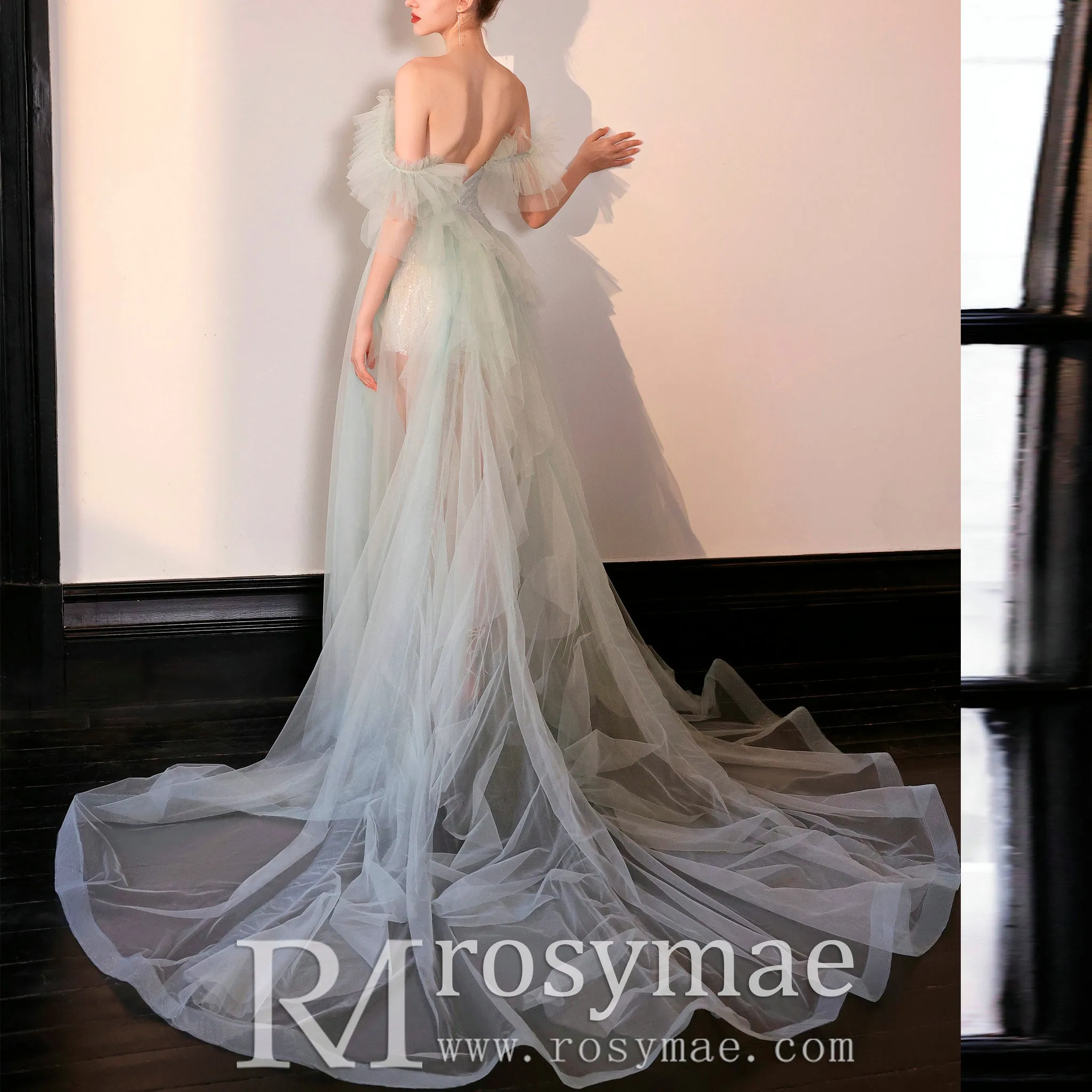 Off-The-Shoulder Mini Wedding Dress Above Knee with Train