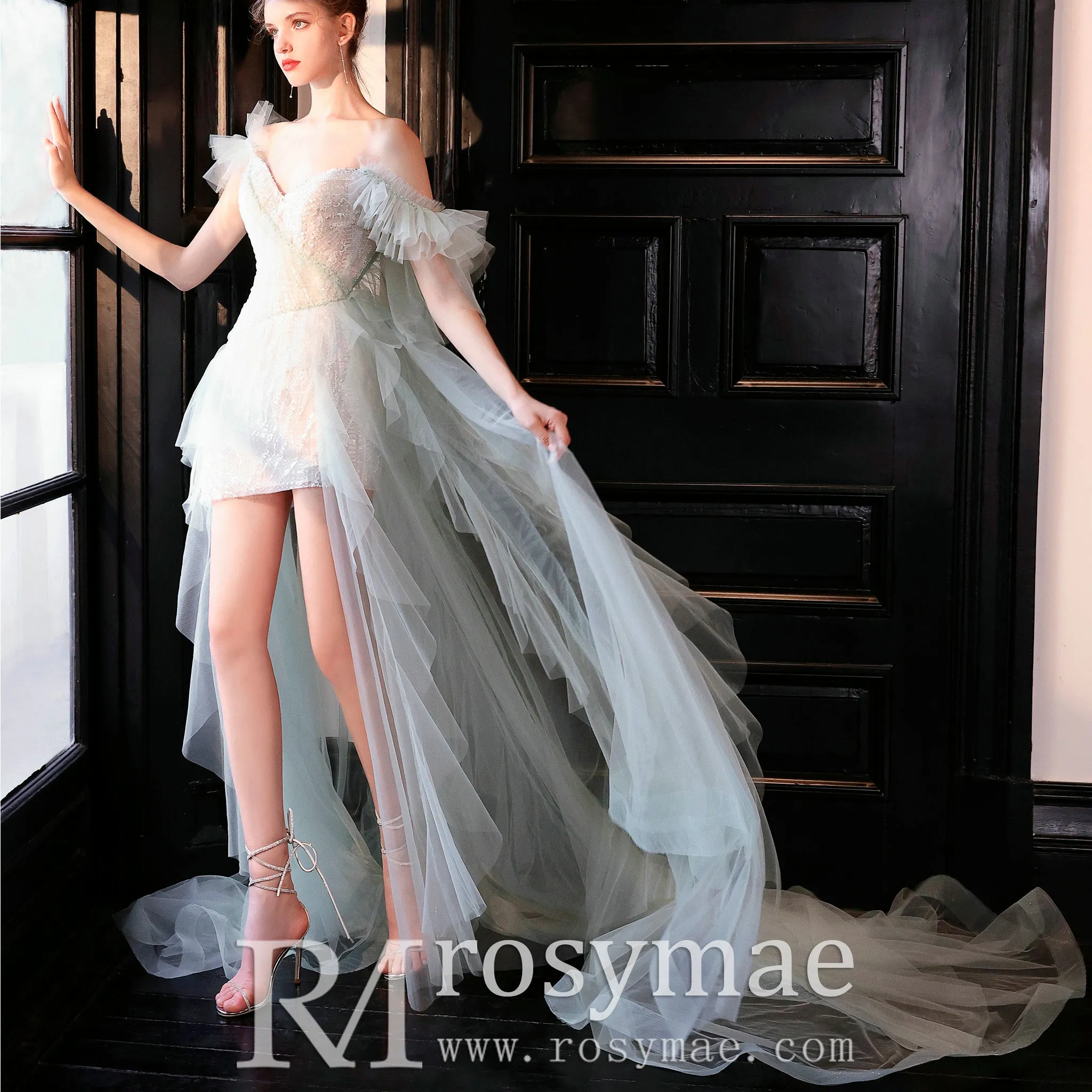 Off-The-Shoulder Mini Wedding Dress Above Knee with Train