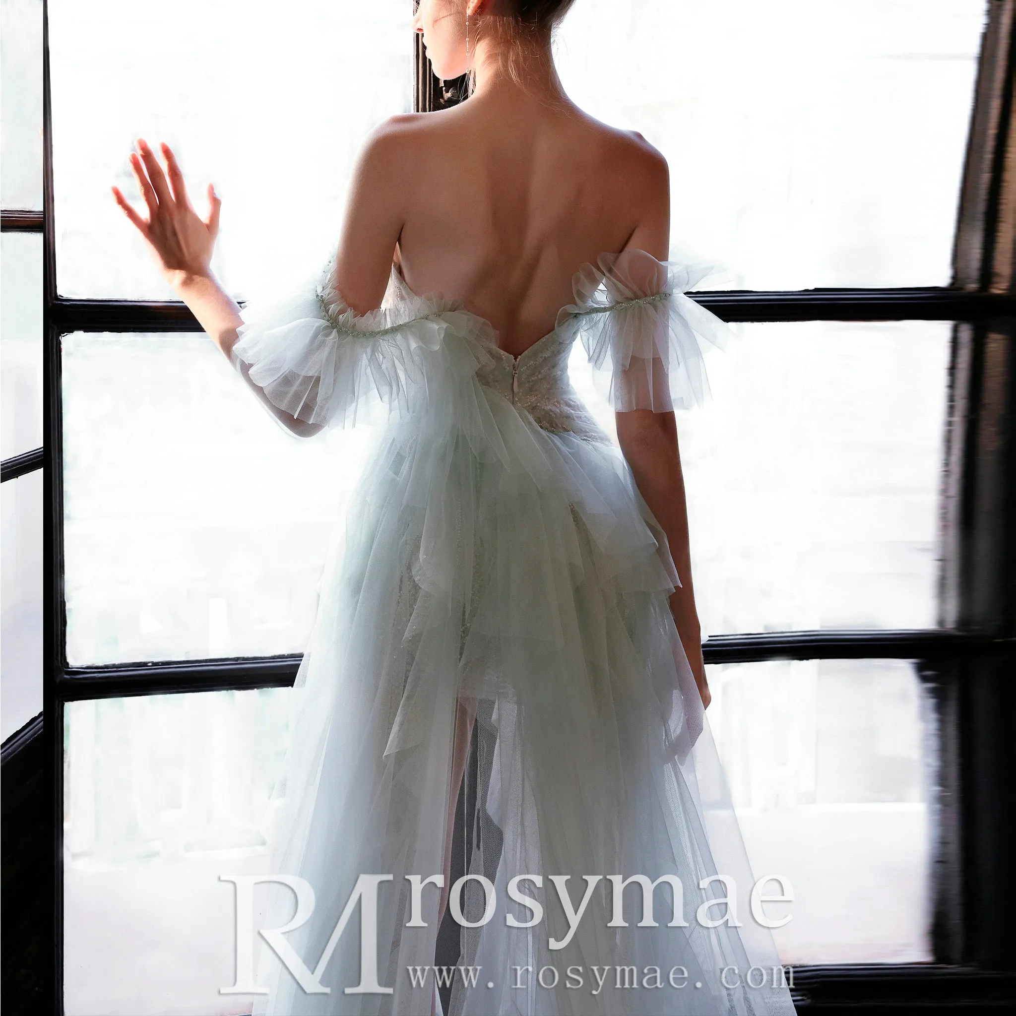 Off-The-Shoulder Mini Wedding Dress Above Knee with Train