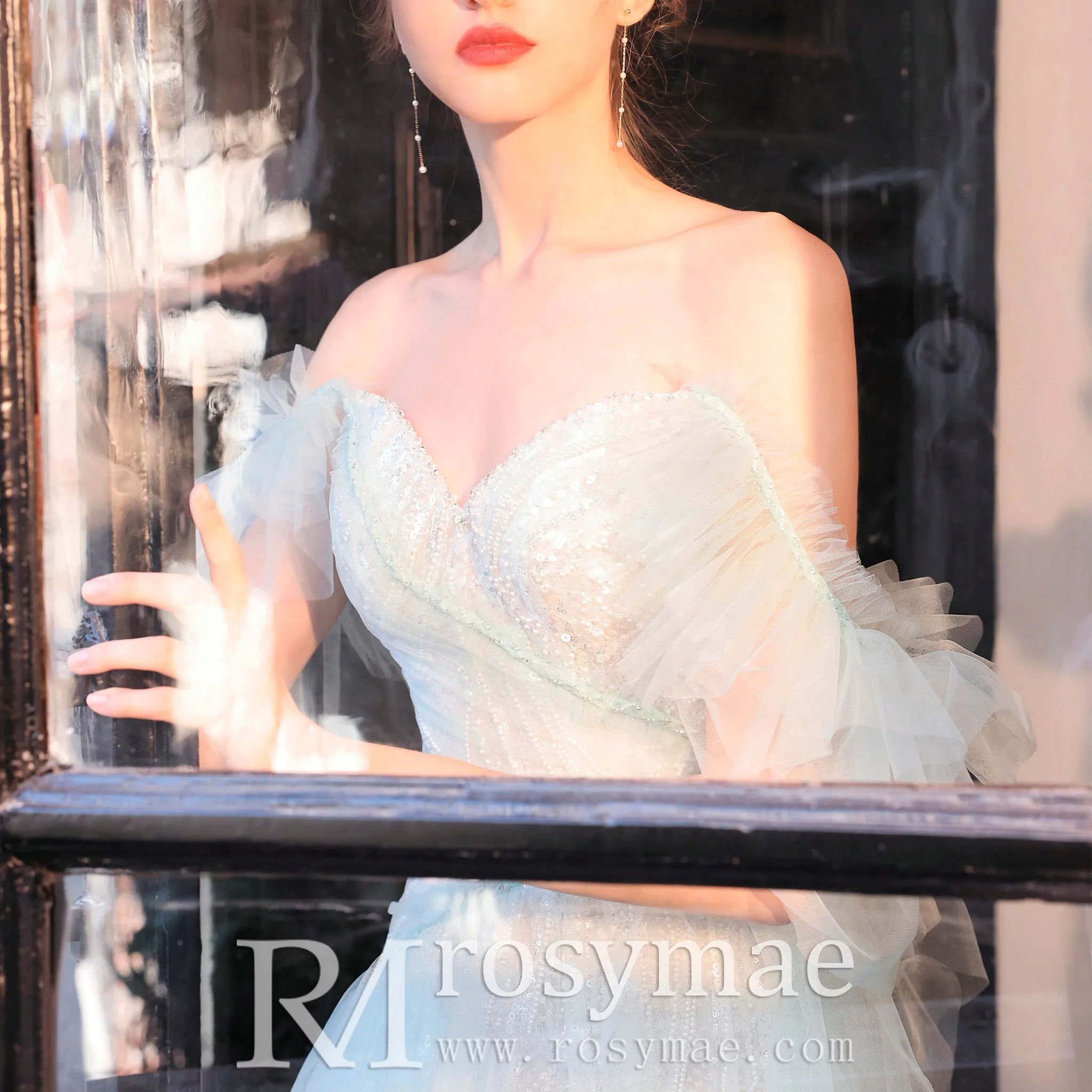Off-The-Shoulder Mini Wedding Dress Above Knee with Train