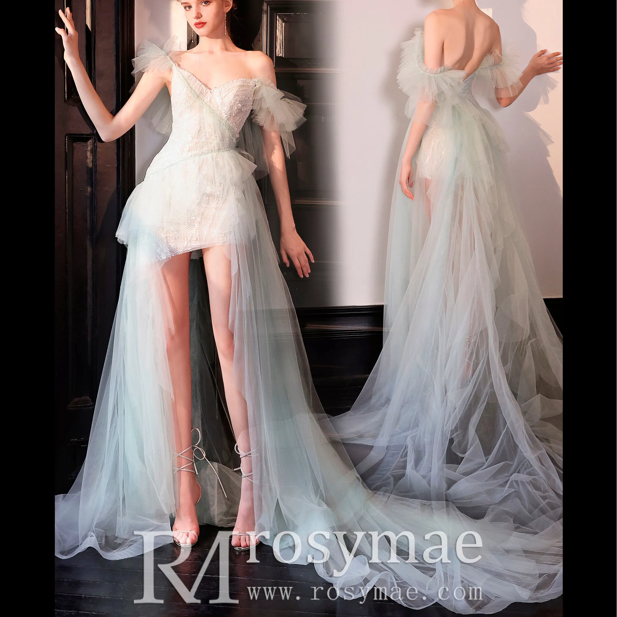 Off-The-Shoulder Mini Wedding Dress Above Knee with Train