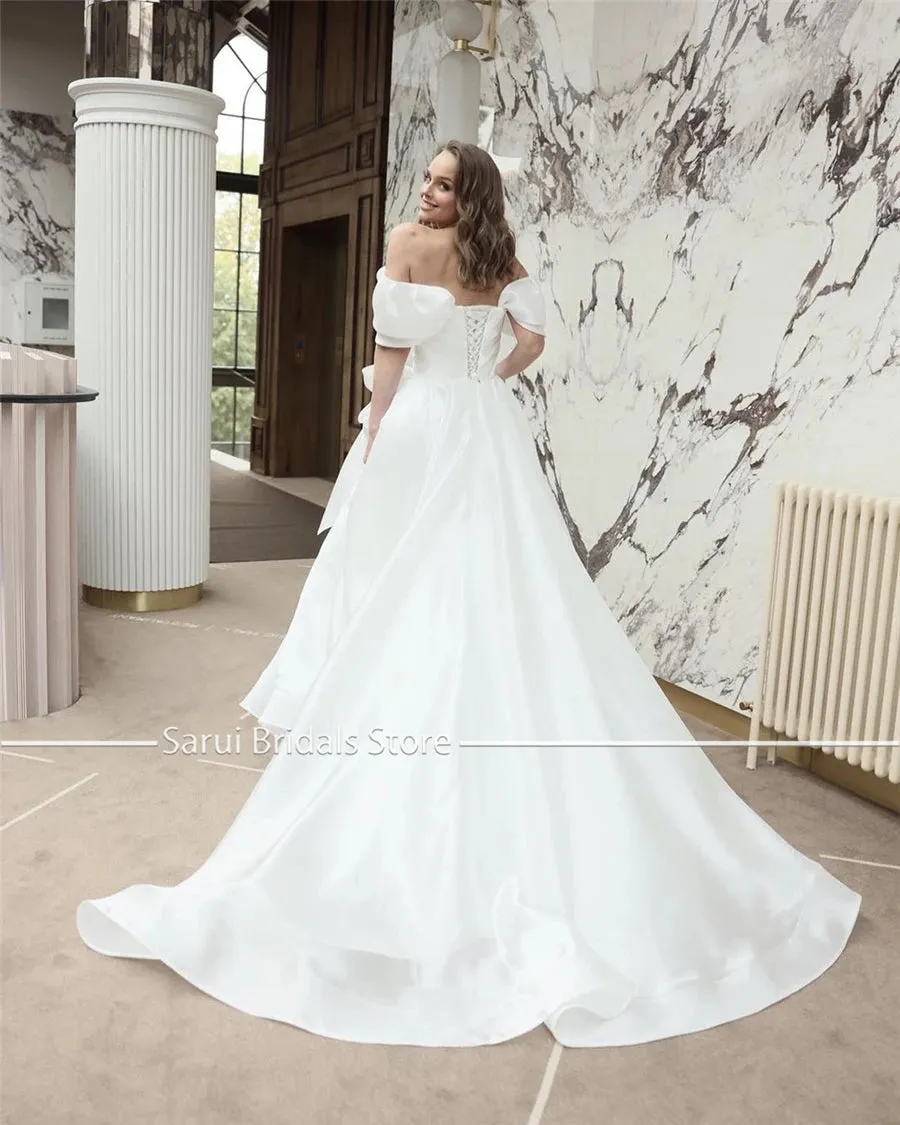 Off the Shoulder Ruched Organza A-line Wedding Gowns Lace Up Corset Back Simple Style Wedding Bridal Gowns Customzied